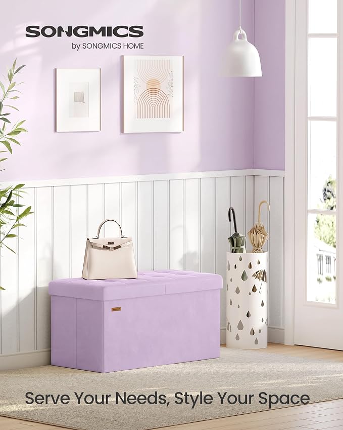 SONGMICS Velvet Storage Ottoman, Folding Storage Bench for Bedroom, Toy Chest, Ottoman Coffee Table, 15 x 29.9 x 15 Inch, Hibiscus Purple, Entryway Shoe Bench, Island Collection ULSF048PE01