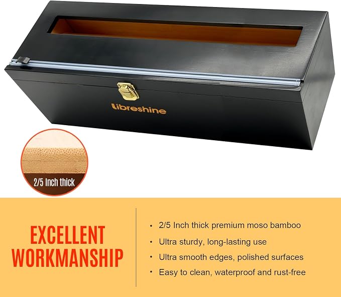Libreshine Black 18 Inch Plastic Wrap Dispenser with Slide Cutter & Roller, Heavy Duty Bamboo Commercial Film Wrap Holder for 3000ft Food Service Cling Film, 1000ft Foil, Butcher/Freezer/Kraft Paper