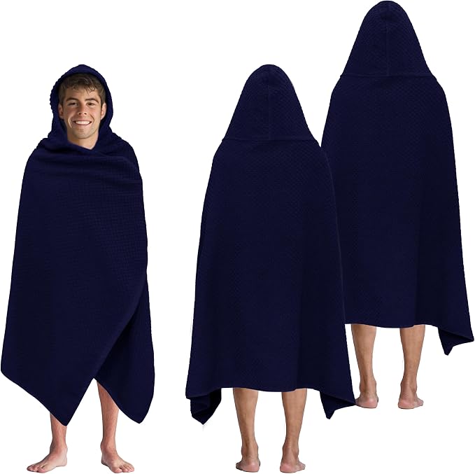 COTTON CRAFT Hooded Bath Towel for Adults – 2 Pack 100% Cotton Bath Sheet | Waffle Weave Oversized 35x70 inch Ringspun Terry Bath Wrap with a hood - Soft Super Absorbent Quick Dry – 450 GSM – Blue