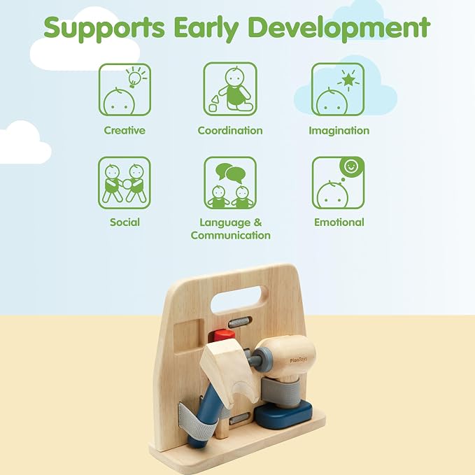 PlanToys® Wooden Handy Carpenter Set Montessori Practical Life Kids Play | hammer, screwdriver, wrench, kids tool set, girls, boys, imaginative fine motor construction learning gift preschool fun