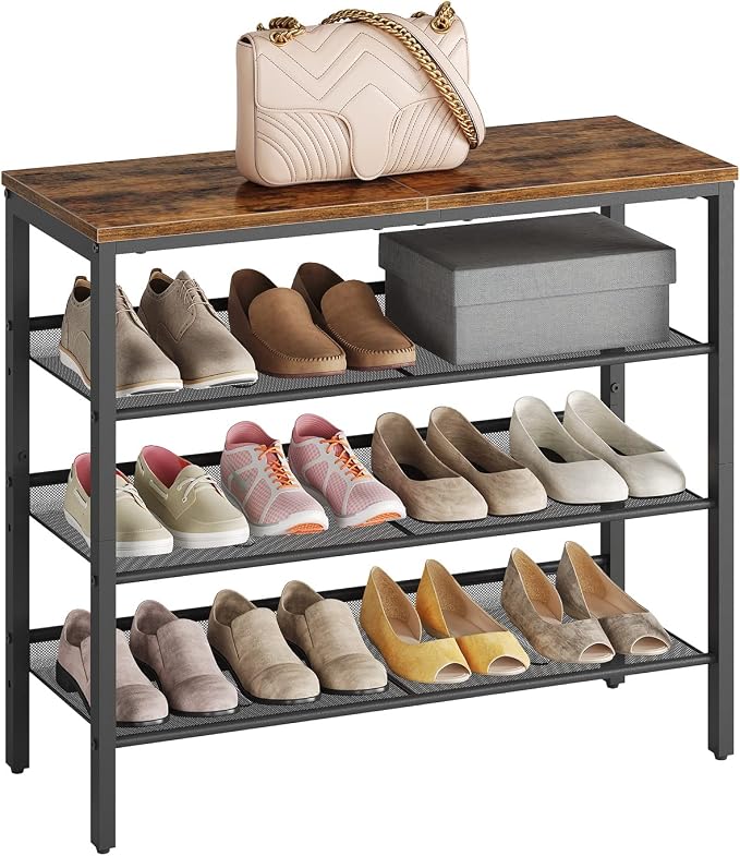 HOOBRO Shoe Rack for Entryway, 4-Tier Shoe Organizer with Adjustable Mesh Shelves, 12-16 Pairs of Shoes, Spacious Floor Mount, Metal, Industrial, Shoe Shelf for Closet, Rustic Brown BF42XJ01