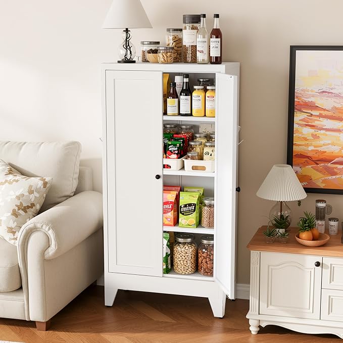 AQY Metal Pantry Cabinet, White Kitchen Storage Cabinet with Doors | Adjustable Shelves Freestanding Storage Metal Cabinet Kitchen, Dining & Bathroom Organization