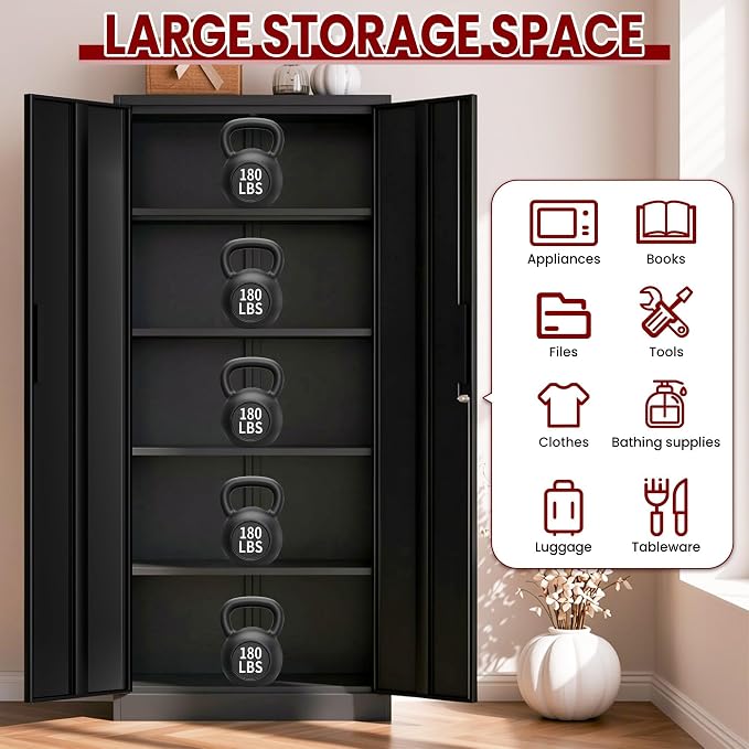AQY Kitchen Pantry Cabinet,73" Black Pantry Storage Cabinet with 4 Tier Adjustable Shelves and 2 Doors,Freestanding Cupboard,Metal Pantry Cabinets with Handle for Living Room Kitchen Assembly Required