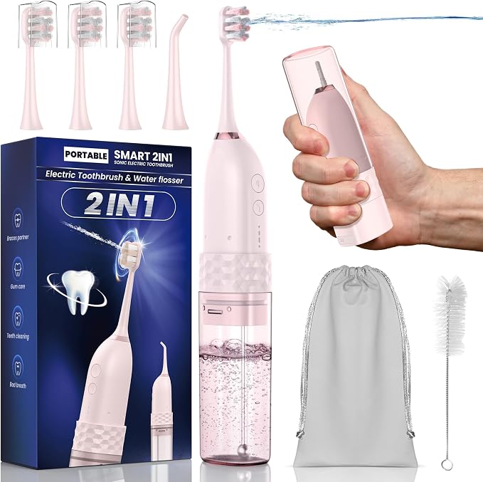 UNINGOPI Electric Toothbrush with Water flosser, 2 in 1 Teeth Cleaning Kit, Toothbrush and Water flosser Combo, Travel Toothbrush with Water Bottle(Pink)