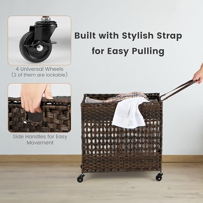 Giantex Laundry Hamper with Wheels and Lid, 33 Gal (125L) Wicker Laundry Basket, 2 Removable Liner Bags, Handles and Pulling Strap, Synthetic Rattan Rolling Laundry Hamper Clothes Storage