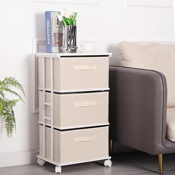 MAX Houser Dresser Tower with 3 Drawers for Bedroom, Fabric Storage Organizer Unit, Chest of Drawers with with WoodTop, Small Vertical Storage for Guest Room, Closet, Entryway(Beige) | Fabric Storage Organizer Unit, Chest of Drawers with with WoodTop, ...