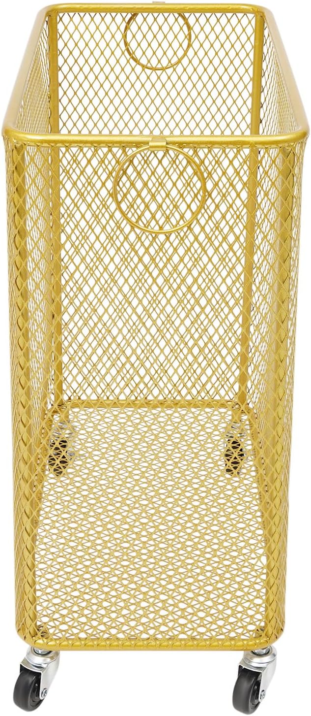 Rolling Laundry Basket Cart, Laundry Hamper with Wheels, Square Metal Mesh Clothes Storage Organizer Hamper with Metal Pull Handle for Laundry Room and Bedroom(Gold, 16.9" x 9" x 17.7")