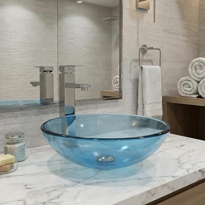 Bathroom Vessel Sink, Tempered Glass Vanity Round Bowl, Clear Blue | Chrome Faucet, Pop Up Drain, Above Counter, Easy Clean