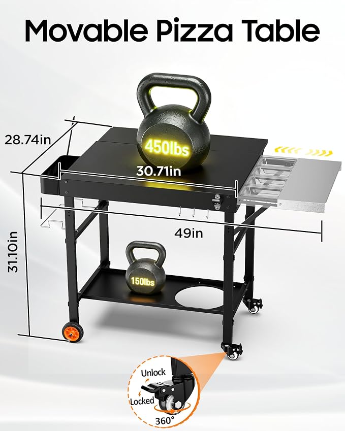 Pizza Oven Table, Grill Table for Ninja Pizza Oven, Pizza Oven Cart Fits Blackstone 17/22 Griddle, Koda 12/16, Cuisinart Gozney, Solo Stove,Outdoor Pizza Oven cart with Sliding Covered Storage Tray