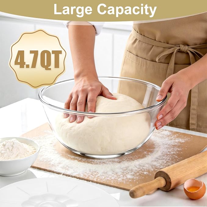 Keway 4.7 Quart Large Glass Mixing Bowl with Lid,Large Glass Bowl for Sourdough Bread Making,Kitchen Salad Bread Storage
