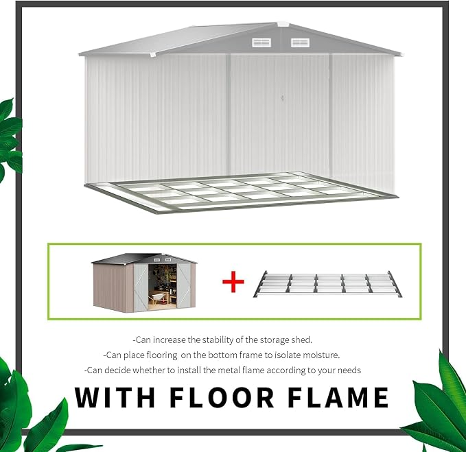 Aoxun 9.8x7.6 FT Shed Outdoor Storage Shed with Base, Brown | Metal Shed with Lockable Doors & Slooping Roof Garden Tool Shed for Backyard, Patio, Poolside