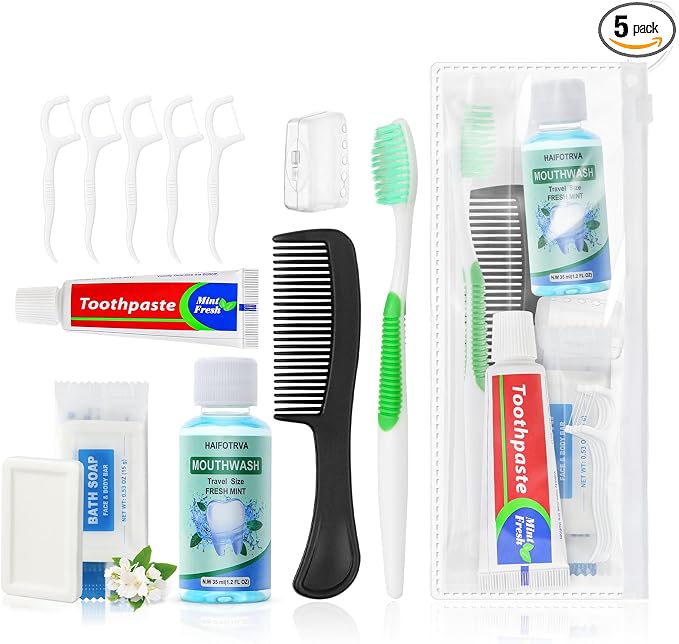 5 Set Personal Care Travel Toiletries Sets Bulk,8-IN-1 Disposable Toothbrushes with Toothpaste and Floss,Mouthwash,Comb,Soap,Cover,Zip Bag Toiletry Travel Toothbrush Kit for Homeless,Hotel,Charity