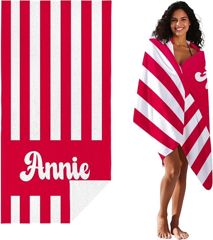 JML Personalized Beach Towel with Name, Custom Cabana Stripe Beach Towel, Customized Microfiber Pool Towel, Quick Dry & Absorbent Swim Towel for Adult,Mother's Day, Birthday, Summer Holiday,Vacation