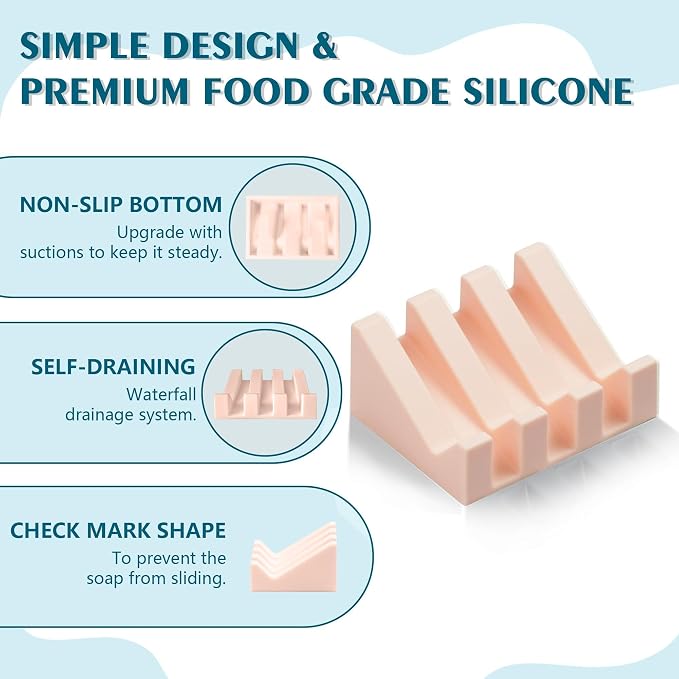 Self Draining Soap Dish Holder,Silicone Soap Dish,for Bathroom,Kitchen, Sponges，Can Extend Soap Life，Keep Soap Bars Dry and Easy Cleaning (N-Pink,4-Pack)