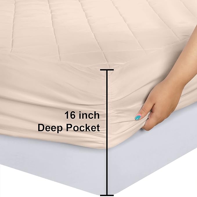 Quilted Fitted Mattress Pad, King Mattress Protector Topper with Deep Pocket Stretches up to 16 Inches, Machine Washable Mattress Cover by Utopia Bedding (Beige)