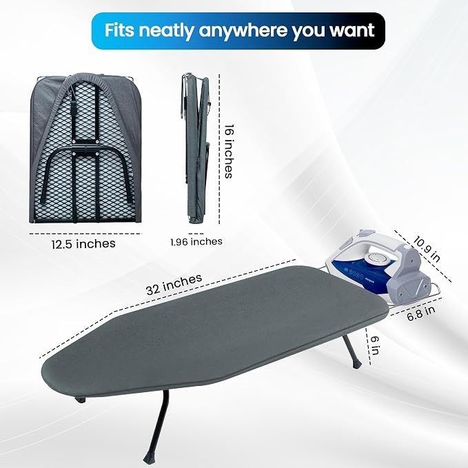 Metal Mesh Panel Tabletop Ironing Board | Foldable Iron Board | Heavy Duty Small Iron Board with Heat Resistant Cover and 100% Cotton 8mm Thicken Pad (Grey)