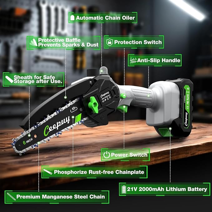 CEEPUY Mini Chainsaw, 6 Inch Portable Electric Chainsaw with 2 Batterys/Automatic Oiler/Security Lock/Powered Small Handheld Saw for Trees Branches Trimming