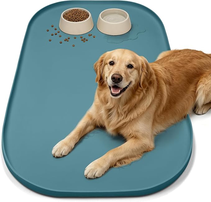 SMILOOL Waterproof Silicone Pet Food Mat with Raised Edge for Dog & Cat | 36" x 24" Non-Slip Large Pet Feeding Mats with Lip for Food & Water Bowl, Food Grade, Easy Cleaning, Salte Blue