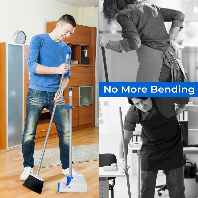 Broom and Dustpan Set with Long Handle 52", Standing Broom and Dust Pan Set for Home Kitchen Room Office Lobby Blue