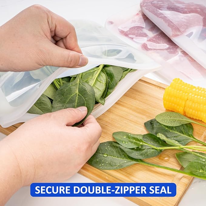 100% Silicone Flat Gallon Freezer Bags, 4 Pack Extra Large Reusable Silicone Ziplock Bags Gallon Size for Freezer, Double Zipper Seal, BPA & Microplastic Free, Freezer Microwave Sous Vide Safe, Clear