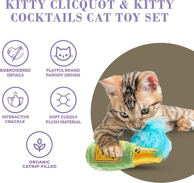 Haute Diggity Kitty Clicquot Champagne & Caviar + Kitty Cocktails Apawrol Spritz & Cattini Set, Plush Cat Toys Catnip Filled with Interactive Crackle Sound, Safe, Durable Toys for Cat & Kitten, 4 Pcs