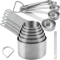 Measuring Cups and Spoons Set 14, Metric & US 18/8 Stainless Steel Measuring Cups and Spoons Set, Dry & Liquid Metal 6 Measure Cups & 7 Measure Spoons w/Leveler for Kitchen & Baking