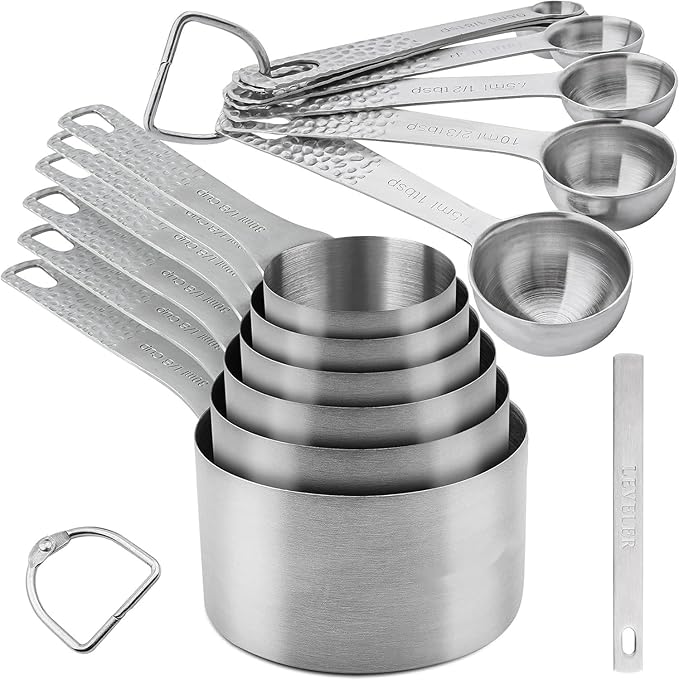 Measuring Cups and Spoons Set 14, Metric & US 18/8 Stainless Steel Measuring Cups and Spoons Set, Dry & Liquid Metal 6 Measure Cups & 7 Measure Spoons w/Leveler for Kitchen & Baking