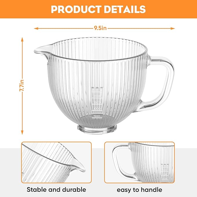 Cofun Glass Mixer Bowl for Kitchenaid Tilt-Head Stand Mixers 4.5-5 Quart | 5 Qt Mixing Bowl Replacement for KitchenAid with Measurement Markings, Handle