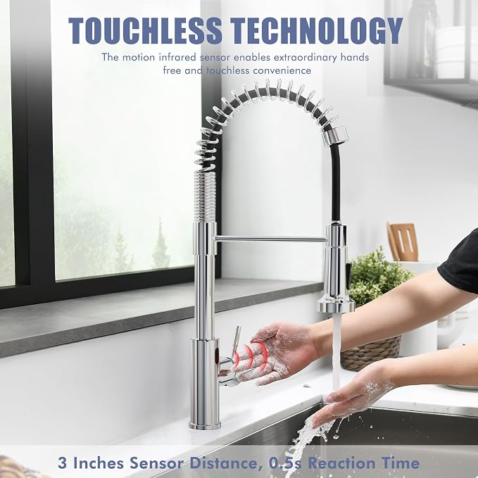 GIMILI Chrome Touchless Kitchen Faucet with Pull Down Sprayer, Motion Sensor Smart Hands-Free Activated Single Hole Spring Faucet for Kitchen Sink
