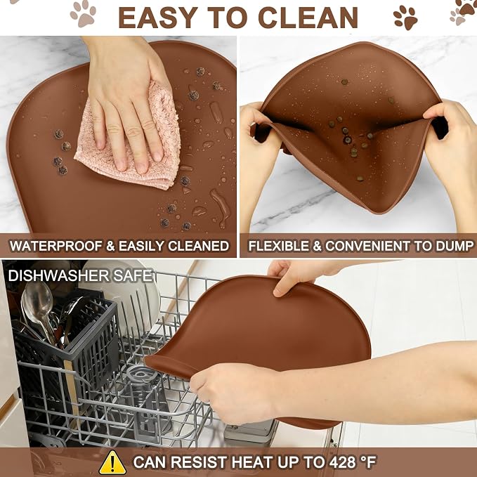 SMILOOL Waterproof Silicone Pet Food Mat with Raised Edge for Dog & Cat | 12" x 12" Non-Slip Small Pet Feeding Mats with Lip for Food & Water Bowl, Food Grade, Easy Cleaning, Brown