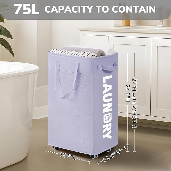 Goodpick Laundry Basket with Wheels 2-Pack, 75L Collapsible Laundry Baskets with Removable Wash Bag, Clothes Laundry Hamper on Wheels, Light Purple