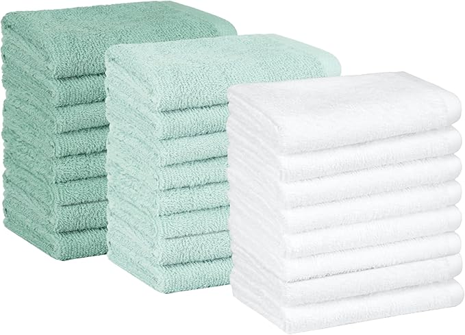 Amazon Basics Highly Absorbent, Soft & Durable 100% Cotton Washcloths for Bathroom, Body and Face, Lightweight, Fast Drying, 12 x 12 inches, Seafoam Green, Ice Blue, White, 24-Pack
