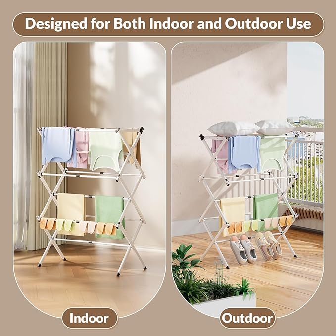 Foldable Clothes Drying Rack - 3-Tier Laundry Drying Rack, Collapsible Metal Indoor Airer, Portable X-Type Clothing Dryer with Shoe Hanger for Home & Balcony (No Assembly Required)