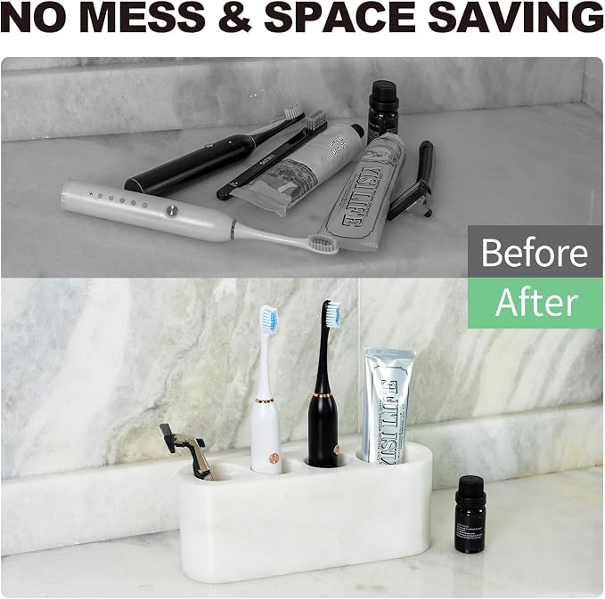 BCS Toothbrush Holder for Bathrooms, 4 Slots Marble Toothbrush and Toothpaste Holder Stand Bathroom Organizer Countertop for Electric Toothbrush, Floss, Razor, Comb - Karibib Ice