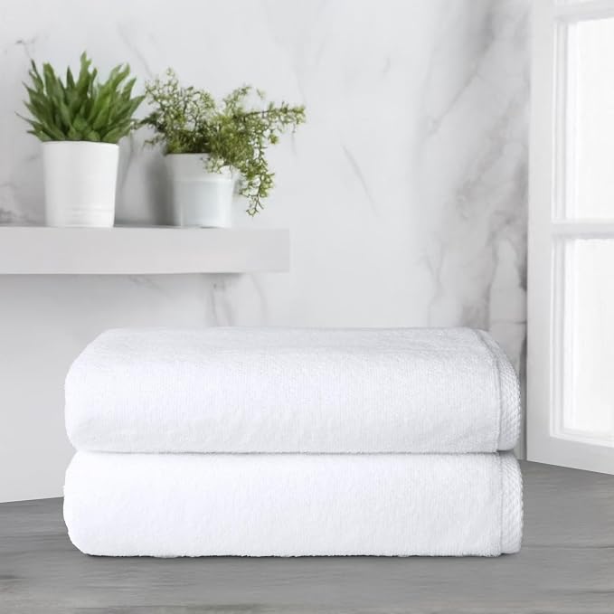 Amazon Basics 2-Piece Quick-Dry Oversize Bath Towel, 100% Cotton, 62" x 30", White