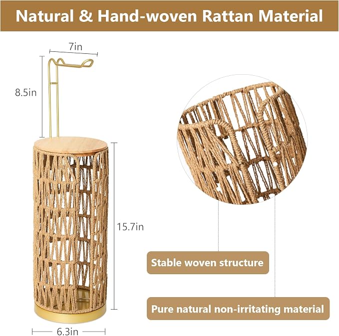 Trongee Freestanding Toilet Paper Holder with Storage,Goldn Handmade Woven Toilet Paper Roll Holder Stand,3 Rolls of Tissue Holder for Bathroom,Rattan Sturdy Boho Bathroom Toilet Paper Storage