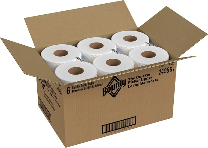 Bounty Paper Towels Quick Size, White, 6 Family Triple Rolls = 20+ Regular Rolls