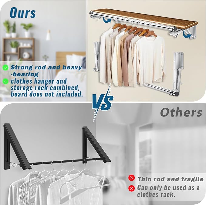 TBMLC Foldable Wall Mounted Clothes Rack- 44'' Long Rod & 2 Thick Bases | Stainless Steel,Multi-Purpose for Space-Saving Garment Rack/Clothes Drying Rack/Clothes Hanger,Detachable Top Shelf Reserved