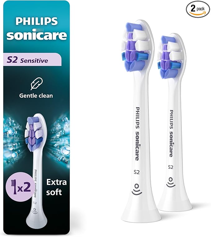Philips Sonicare S2 Sensitive - Genuine Replacement Electric Toothbrush Heads, White, 2 Pack, HX6052/77