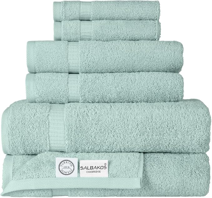 SALBAKOS 100% Turkish Cotton Bathroom Towel Set of 6-Piece, Seafoam Green | 630 Gsm Thick Super Soft Highly Absorbent 2 Bath + 2 Hand + 2 Washcloth Towels Sets, Giftable, Hotel Quality, Made in Turkey
