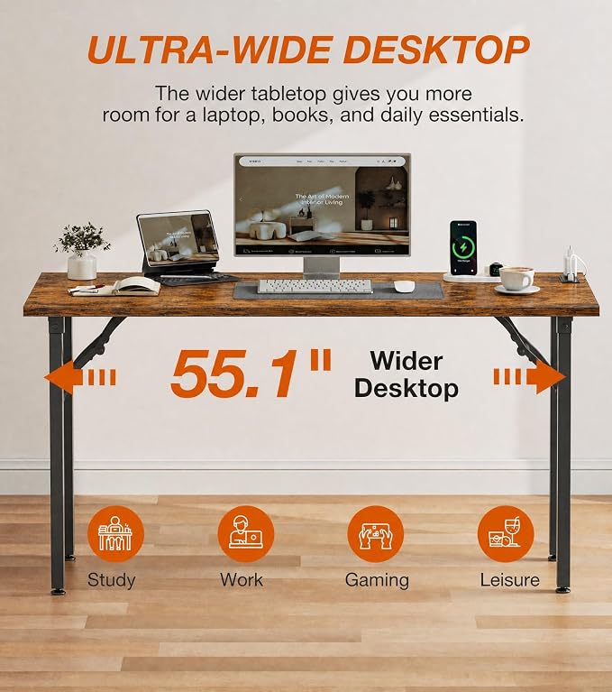 XBurmo Small Folding Desk Folding Table, No Assembly Foldable Desk Gaming Desk, 55.1-Inch Computer Table Workstation with 2 AC Outlets and 2 USB Ports for Bedroom and Home Office, Rustic Brown