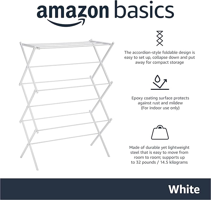 Amazon Basics Foldable Portable Clothes Drying Rack for Indoor Air Drying, Collapsible Design, 14.5" D x 29.5" W x 41.8" H, White
