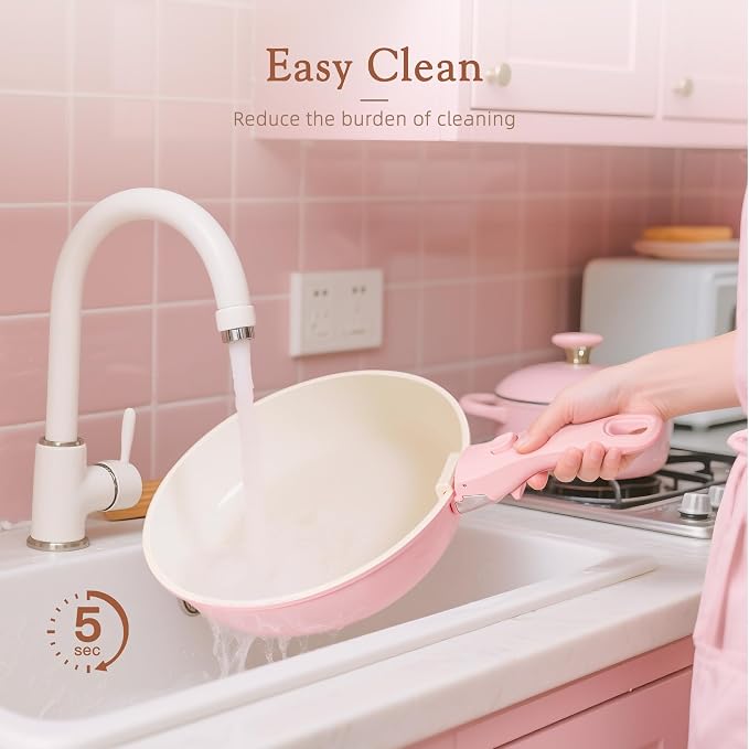 Astercook 23 Pcs Pots and Pans Set Non Stick, Ceramic Cookware Set Detachable Handle, RV Kitchen Cooking Set Removable Handles, Oven Safe, Induction Ready, Stackable, Pink, Mothers Day Gifts