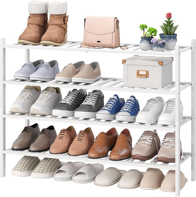 viewcare White 4-Tier Long Shoe Rack, Bamboo Wood, 33-Inch