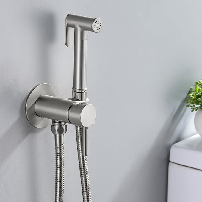 SHAMANDA Warm Water Bidet Sprayer for Toilet with Hot and Cold Brass Rough-in Valve, Stainless Steel Round Handheld Bidet Attachment Set for Feminine, Pets and Baby Diaper Wash, Brushed Nickel