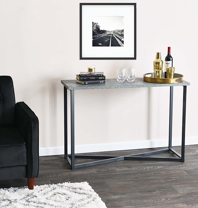 Household Essentials Slate Concrete Top Console Table with Black Iron Base