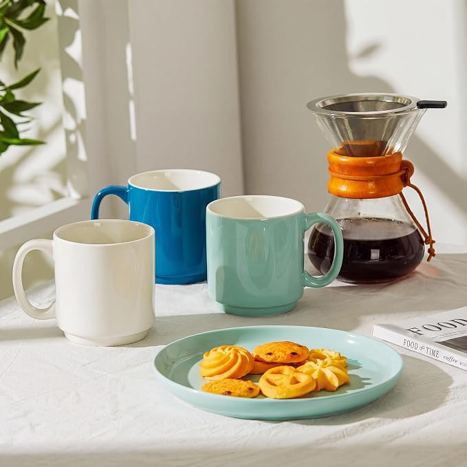 Sweese Stackable Coffee Mugs Set of 6, 16 Oz Large Porcelain Cups for Coffee, Latte, Tea & Hot Drinks, Space-Saving Stackable Design, Microwave & Dishwasher Safe, Assorted Colors