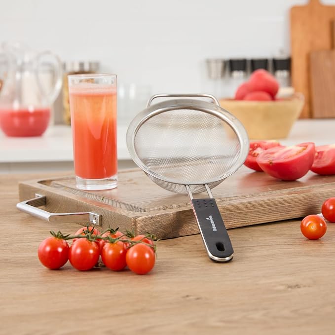 Restaurantware Fine Mesh Strainer 1 Count 12.6" x 5.5" x 2.3" with Silicone Handle Stainless Steel Extra Fine Mesh Strainer Heat-Resistant Handle Dishwasher-Safe for Rice, Quinoa, Pasta