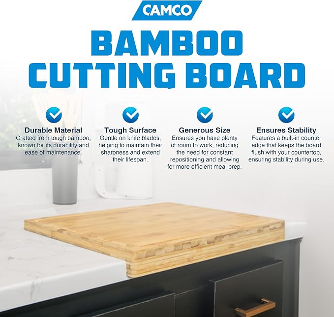 Camco Bamboo Cutting Board with Counter Edge | Perfect for Vegetables, Fruits, Meats, and Cheeses | Measures 18-inches x 14-inches x 1-3/4-inches (43545), Brown