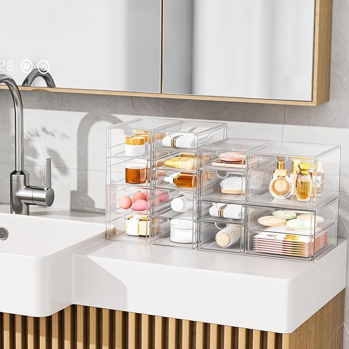 YFXCVSL Acrylic Makeup Organizer with 31 Drawers, 6 Pack Clear Storage Drawers, Bathroom Makeup Organizer for Palettes, Cosmetic, and Beauty Supplies,Ideal for Vanity, Cabinet,Desk Organization
